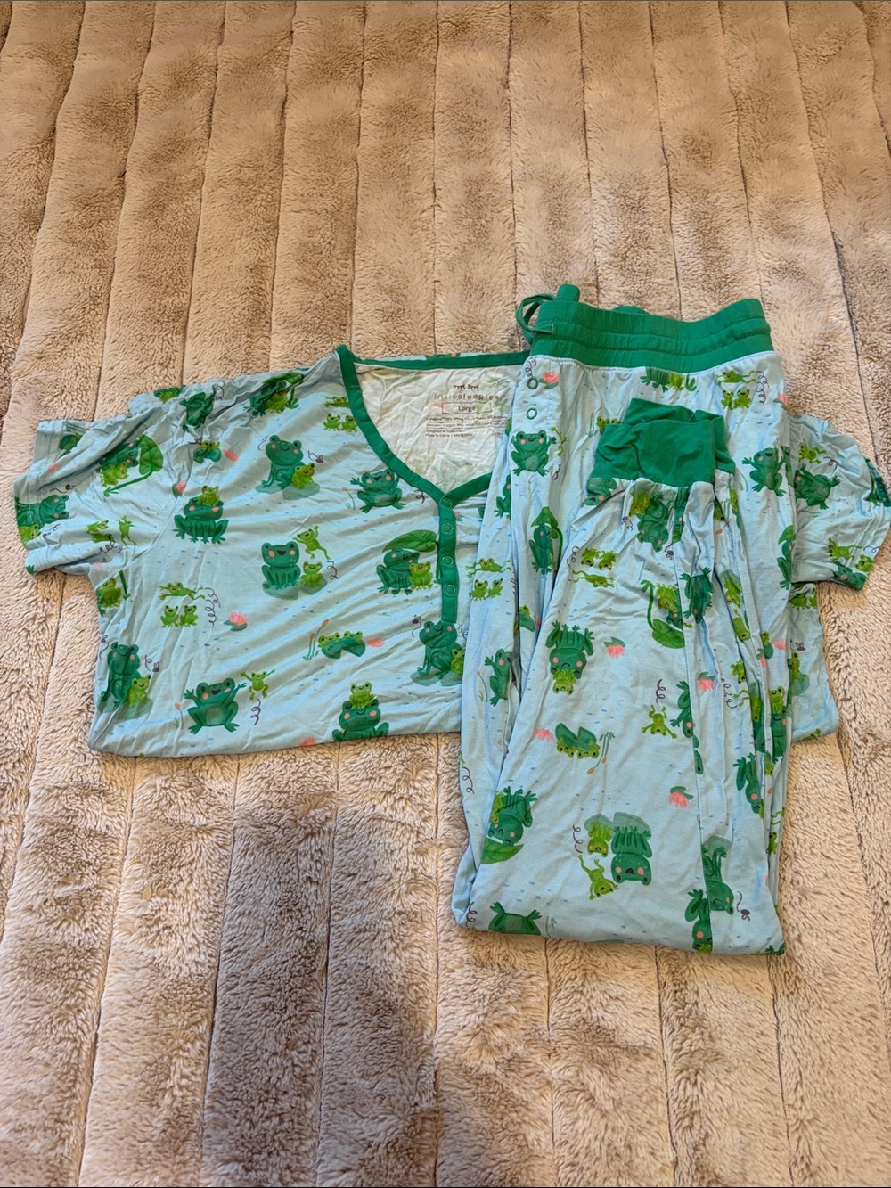 Little Sleepies Pale Blue Frog-Print Short Sleeve Pajama Set with Green Trim